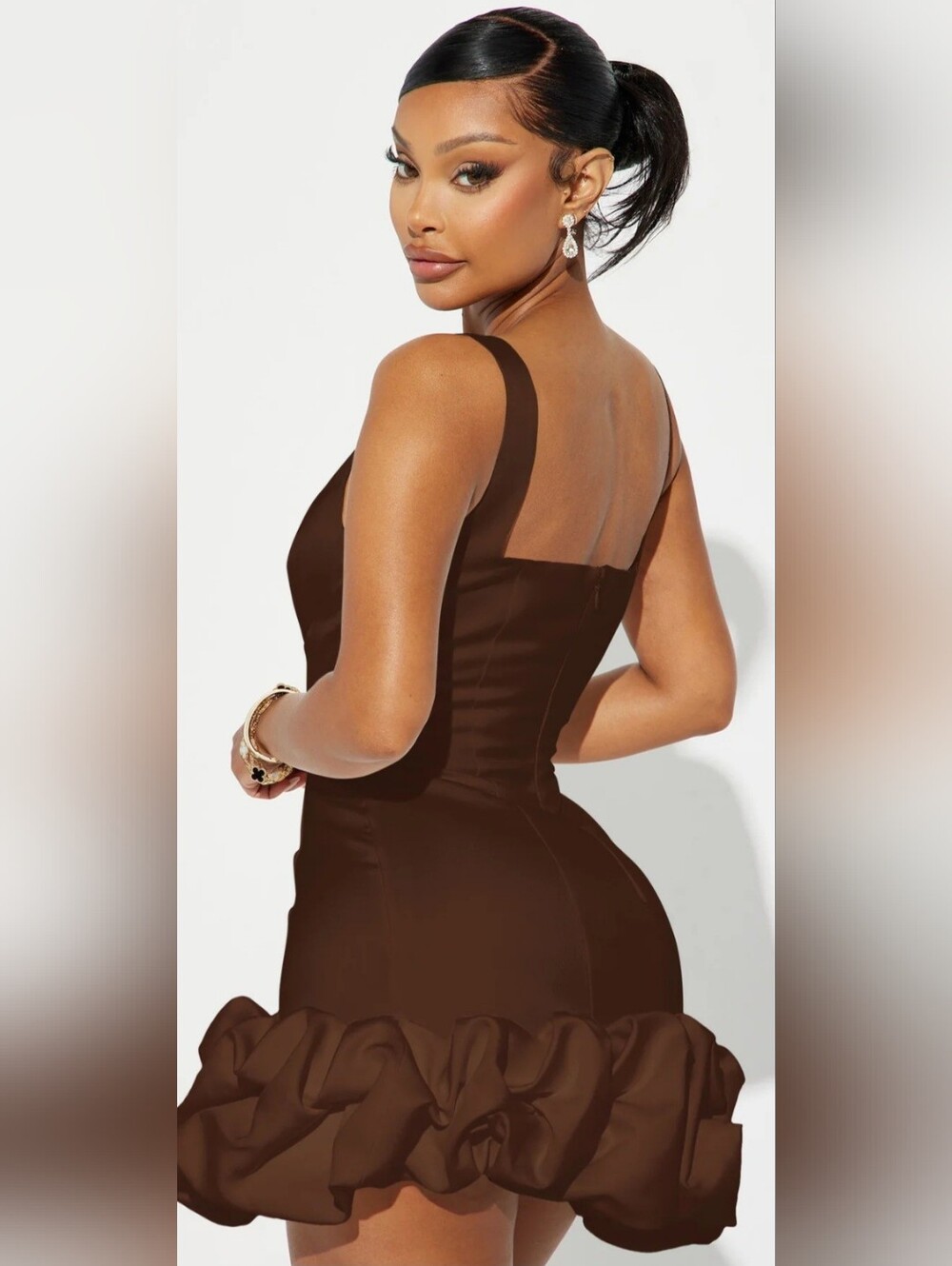 Chocolate Ruffle Hem Mini Dress